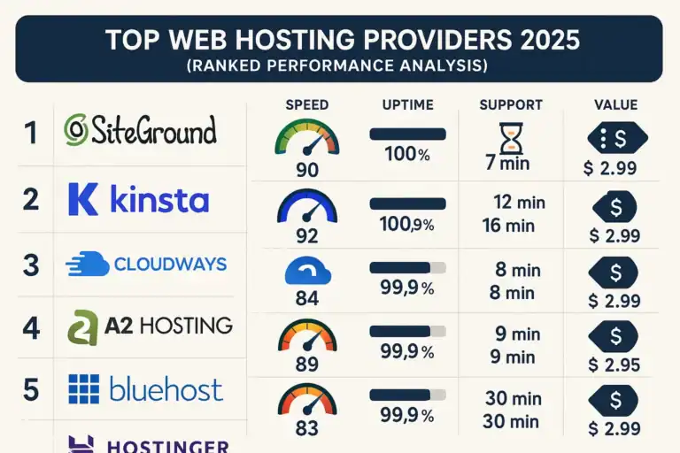 Top web hosting providers 2025 comparison: SiteGround, Kinsta, Cloudways, A2 Hosting, Bluehost. Speed, uptime, support, value.